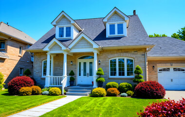 Semi-detached brick house with a pathway and a beautiful front garden on a bright day.