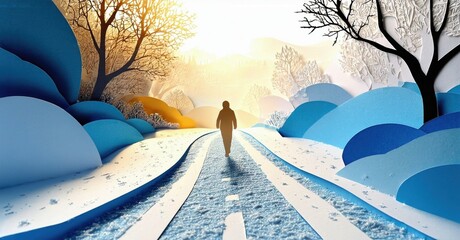 Obraz premium Lone figure walks snowy road toward bright sun. Papercraft style landscape creates whimsical winter scene. Calm, serene atmosphere.