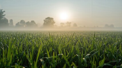 Green crop field at sunrise with mist and trees in the background. Agriculture and nature scene. Early morning and sunrise.