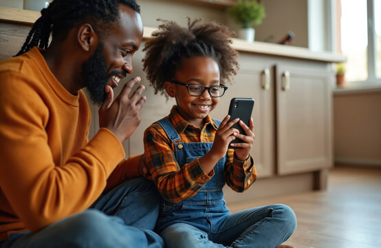 Father and daughter share a smartphone moment in kitchen. Girl holds phone taking picture, dad smiles playfully. Casual family bonding, learning tech together, enjoying home life.