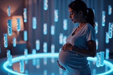 Pregnant Woman Encircled by Genetic Test Tubes: A Glimpse into Baby's DNA Analysis on Futuristic Holographic Screen