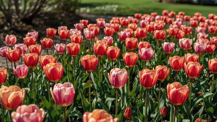 Obraz premium Vibrant tulips in a garden with lush greenery and a distant tree, showcasing a colorful floral landscape.