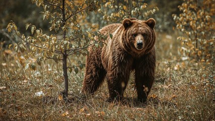 A large brown bear standing in a forested area with autumn foliage and trees.