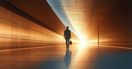Fototapeta premium Lone figure walks toward bright light within long tunnel. Dramatic perspective, warm tones dominate scene. Minimalist composition.
