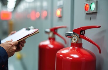 Engineer checks fire extinguishers in control room. Safety inspection process with clipboard. Red cylinders ready for emergency. Fire prevention equipment maintenance.
