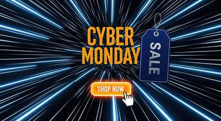 Cyber Monday sale event with glowing blue light streaks. A promotional graphic with modern design. Special offer, limited time, shopping season.