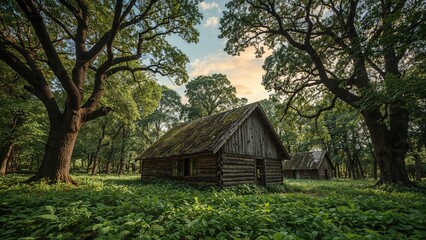 Obraz premium A rustic wooden cabin in the forest surrounded by large trees and lush green foliage during daytime.