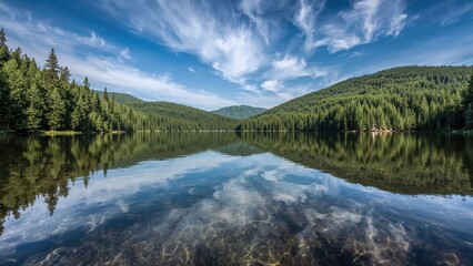 Fototapeta premium Serene landscape of a lake surrounded by dense pine forests under a blue sky with scattered clouds. Nature and tranquility scene. The reflection of the sky and trees on the water surface.