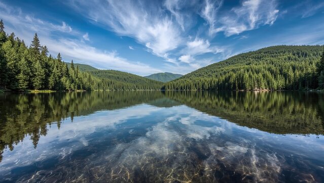 Serene landscape of a lake surrounded by dense pine forests under a blue sky with scattered clouds. Nature and tranquility scene. The reflection of the sky and trees on the water surface.