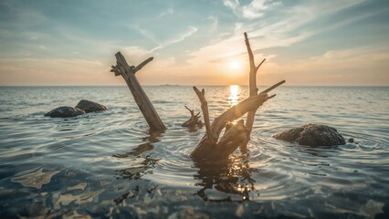 A submerged piece of driftwood in the ocean with rocks, during sunset or sunrise, creating a serene maritime scene.