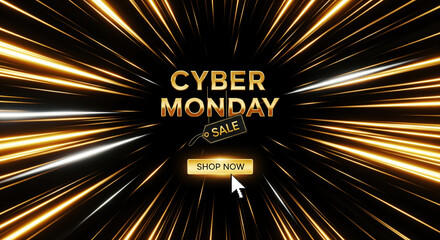 Cyber Monday sale banner with golden light trails on black background. A luxurious, festive design. Online shopping, discount deals, promotional advertisement.