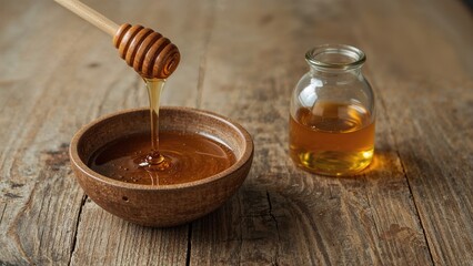 Fresh honey being poured into a bowl from a honey dipper with a jar of honey on a rustic wooden surface.
