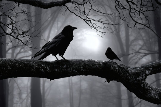 Raven and Crow on Branch in Misty Forest