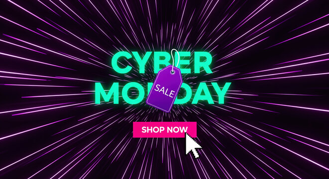 Cyber Monday promotional illustration with violet tag and lights. A digital image emphasizing modern sales and design. Holiday shopping, online deals, seasonal promotion.