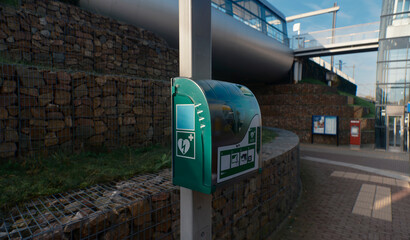 Green AED cabinet mounted on wall beside gabion stone retention structure near bridge (this image was made with an anamorphic lens)