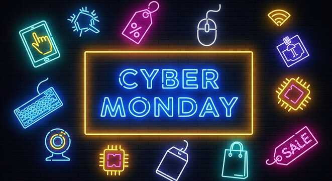 Neon Cyber Monday sign glowing against a brick wall. A vibrant, festive promotion for online shopping. Online discount, retail sales, holiday shopping.