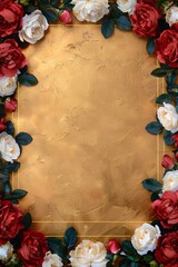 Gold textured background framed by elegant red and white roses with green leaves, luxurious floral border layout for wedding invitations, greeting cards, or romantic valentines day copy space design.