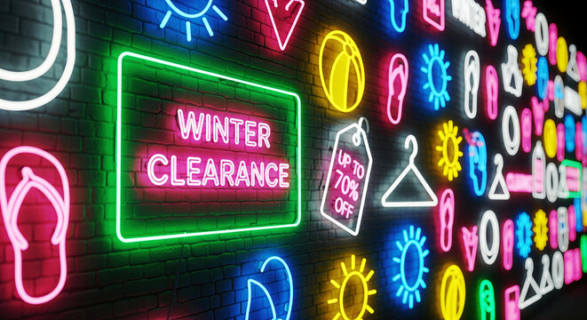 Neon signs glow for a winter clearance sale on brick background. A vibrant and eye-catching display of commerce and savings. Promotional advertising, seasonal offers, retail design.