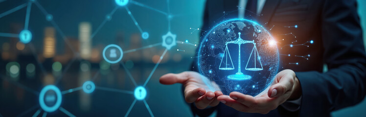 Man holds digital globe with scales of justice hologram. Concept of LegalTech innovation in legal services with AI, cloud solutions, data analysis. Justice accesibility enhancement, workflow