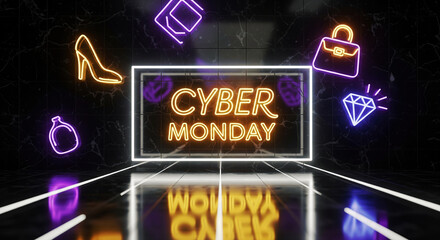 Neon Cyber Monday arrangement with luxury goods on black marble. A vibrant scene showcasing commerce. Shopping spree, exclusive deals, luxury lifestyle.