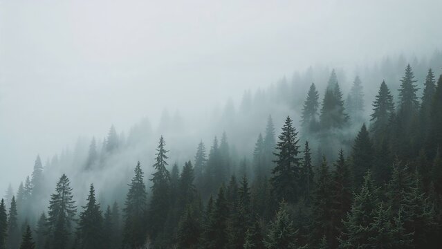 Dense forest with foggy atmosphere and tall pine trees. Nature and wilderness scene. Misty landscape of trees and mountain ranges.