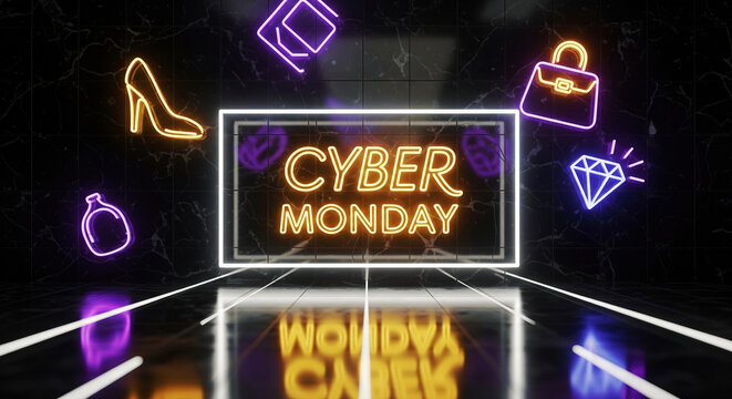 Neon Cyber Monday arrangement with luxury goods on black marble. A vibrant scene showcasing commerce. Shopping spree, exclusive deals, luxury lifestyle.