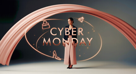 Woman in fashionable attire poses for Cyber Monday promotion against abstract background. Modern sales campaign. Business promotion, shopping discounts, online deals.