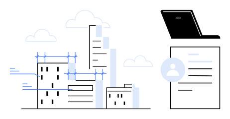 Buildings with construction lines and a laptop with a resume layout symbolize urban planning, recruitment, technology, innovation, career growth, professional documentation, and modern digital tools