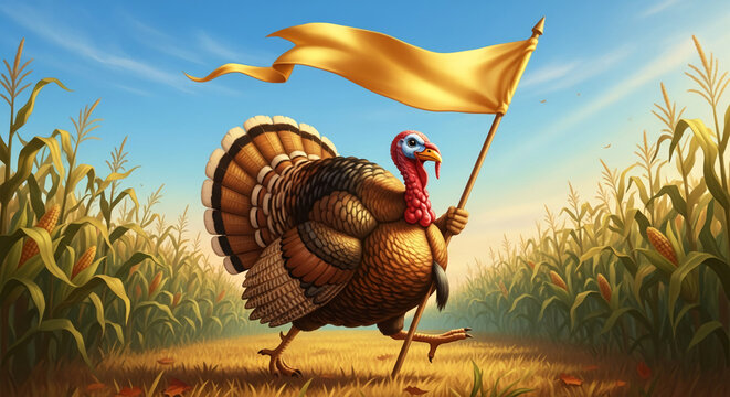 Artwork of a turkey holding a gold banner in a cornfield against a blue sky, representing Thanksgiving, autumn, and festive celebration