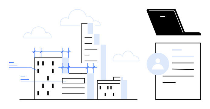 Buildings with construction lines and a laptop with a resume layout symbolize urban planning, recruitment, technology, innovation, career growth, professional documentation, and modern digital tools