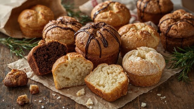 Assorted muffins with different flavors and toppings, placed on a rustic wooden surface with herbs. Baked goods and breakfast concept. Freshly baked muffins and bread.