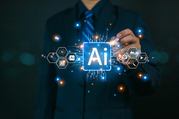 A businessman interacting with a glowing AI interface, representing artificial intelligence, digital innovation, data processing, and future technology solutions for modern business transformation.