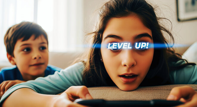 A girl lying on a couch with a boy, both playing a video game with level up notification. A close-up shot highlighting intense focus and playful excitement. Gaming culture, entertainment, digital age.