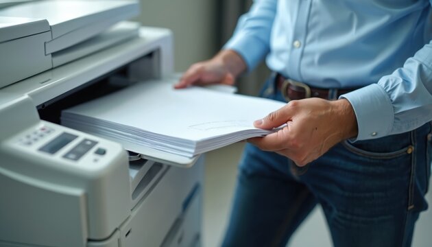 Man places stack of paper into office printer tray for scanning. Person uses modern copying machine for document work. Business task with tech equipment done indoors.