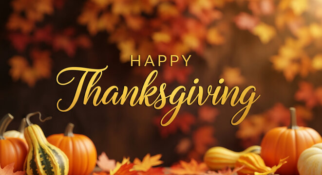 Image with autumnal leaves and gourds. Golden text "Happy Thanksgiving" symbolizing the holiday celebration, gratitude, and abundance