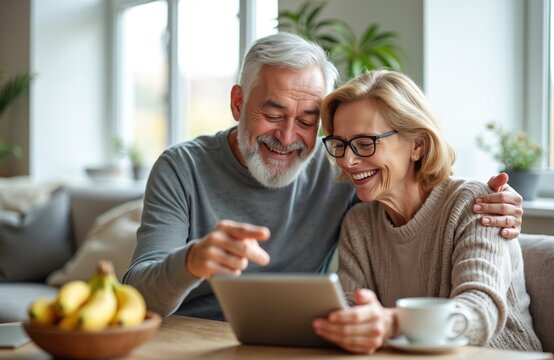 Happy senior couple uses tablet computer. Elderly man points at screen while woman smiles. They relax at home enjoying modern tech. Relationships and communication.