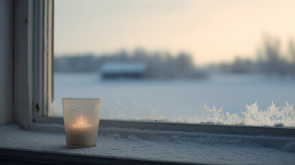 beautifully frosted window adorned with intricate icy patterns casting delicate shadows