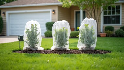 Three young green plants covered with white protective fabric bags on lawn. Yard garden home protection from frost and cold weather. Small bushes stay safe outdoors.