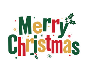 Merry christmas text, festive lettering for holiday season with holly and star decorations