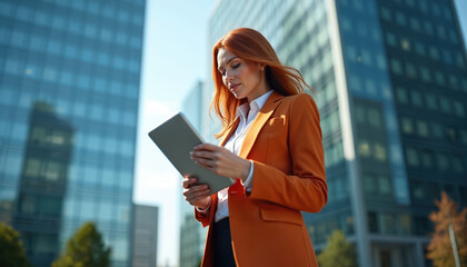 Business woman with red hair uses tablet computer outside modern office buildings. She wears an orange blazer and checks data on screen during day. Pro career woman in city.