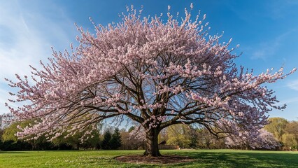 Pink blossoming tree in a park against a blue sky with green grass and trees.