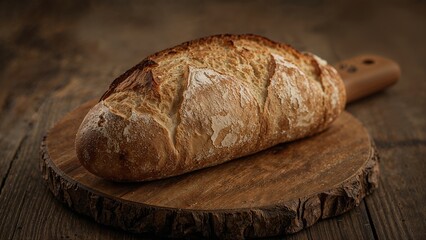 Freshly baked rustic bread loaf on a wooden cutting board. Homemade bread, bakery, and culinary tradition. The art of baking and bread making.