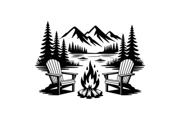 Two Adirondack chairs face a campfire and serene mountain lake scene