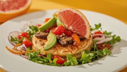Fresh salad with grilled chicken, avocado, cherry tomatoes, radish, and grapefruit slice on a white plate.