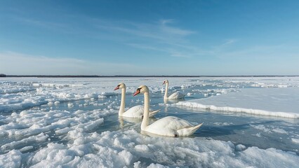 Swans on icy water under a partly cloudy sky.