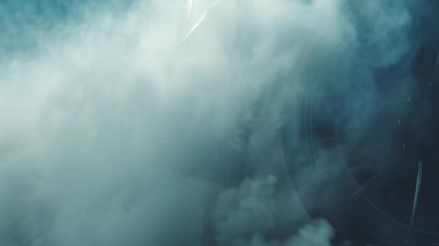 A high-intensity cinematic close-up capturing a powerful tire burnout as thick white smoke billows from the spinning rubber, creating a dramatic, gritty atmosphere filled with motion, energy, and raw