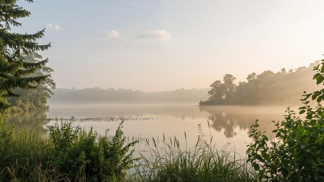A tranquil river scene with trees and mist, capturing the serenity of nature. - Powered by Adobe