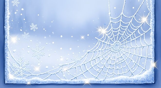 Frosted spider web with snowflakes on a winter blue background