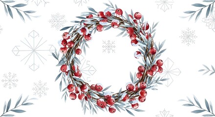 Christmas wreath with red berries and green leaves on white background  