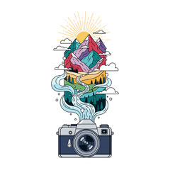 Artistic camera illustration with mountains and winding river design  